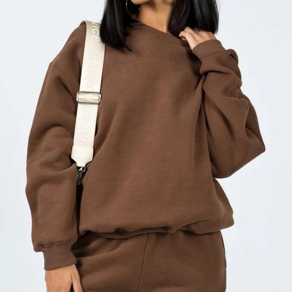 Princess Polly Tops - Princess Polly Cocoa Brown Classic Club Fleece Crewneck Sweatshirt Size 2